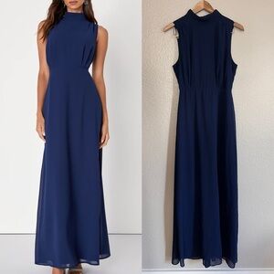 Classic Elegance Navy Chiffon Sleeveless Mock Neck Maxi Dress